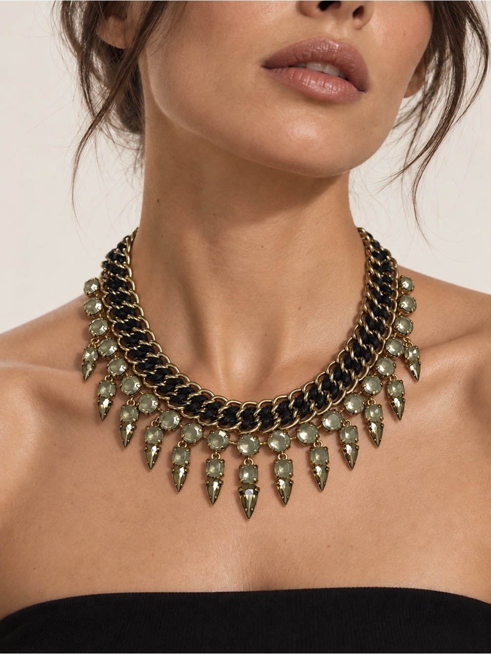 BCBGMaxAzria Gold-Tone Chain Necklace with Olive Green Stones